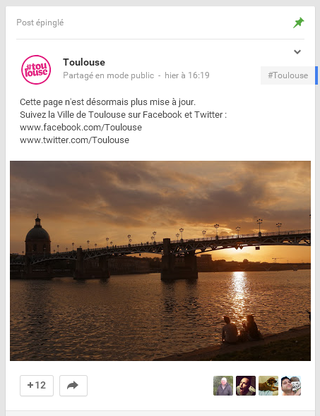 La page Google+ de Toulouse n'est désormais plus mise à jour